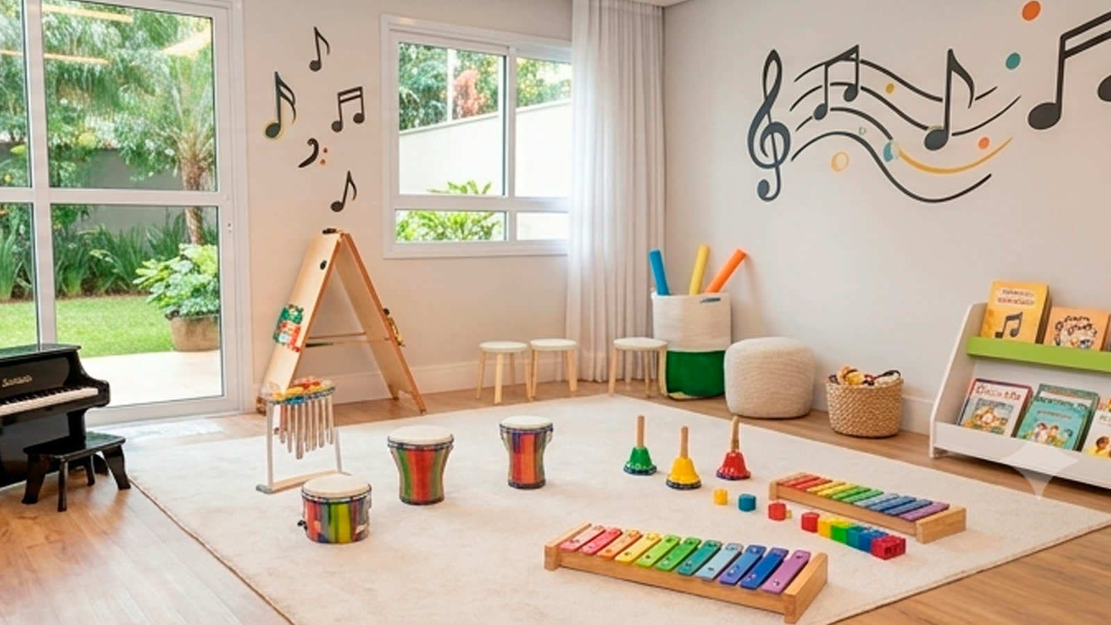Sala de musicalização infantil com instrumentos coloridos, piano infantil e decoração de notas musicais.